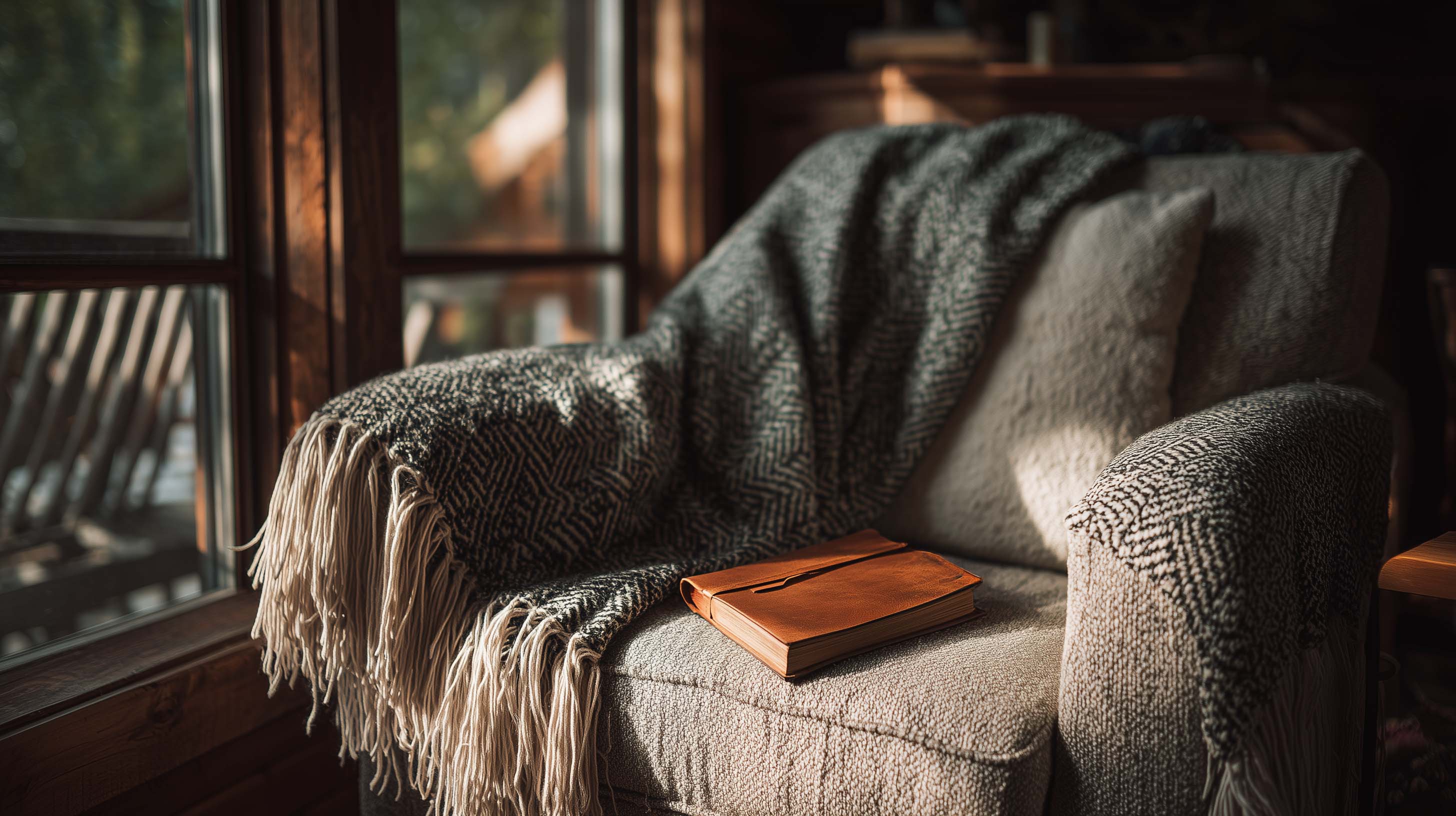 Cozy armchair with a blanket and book near a window