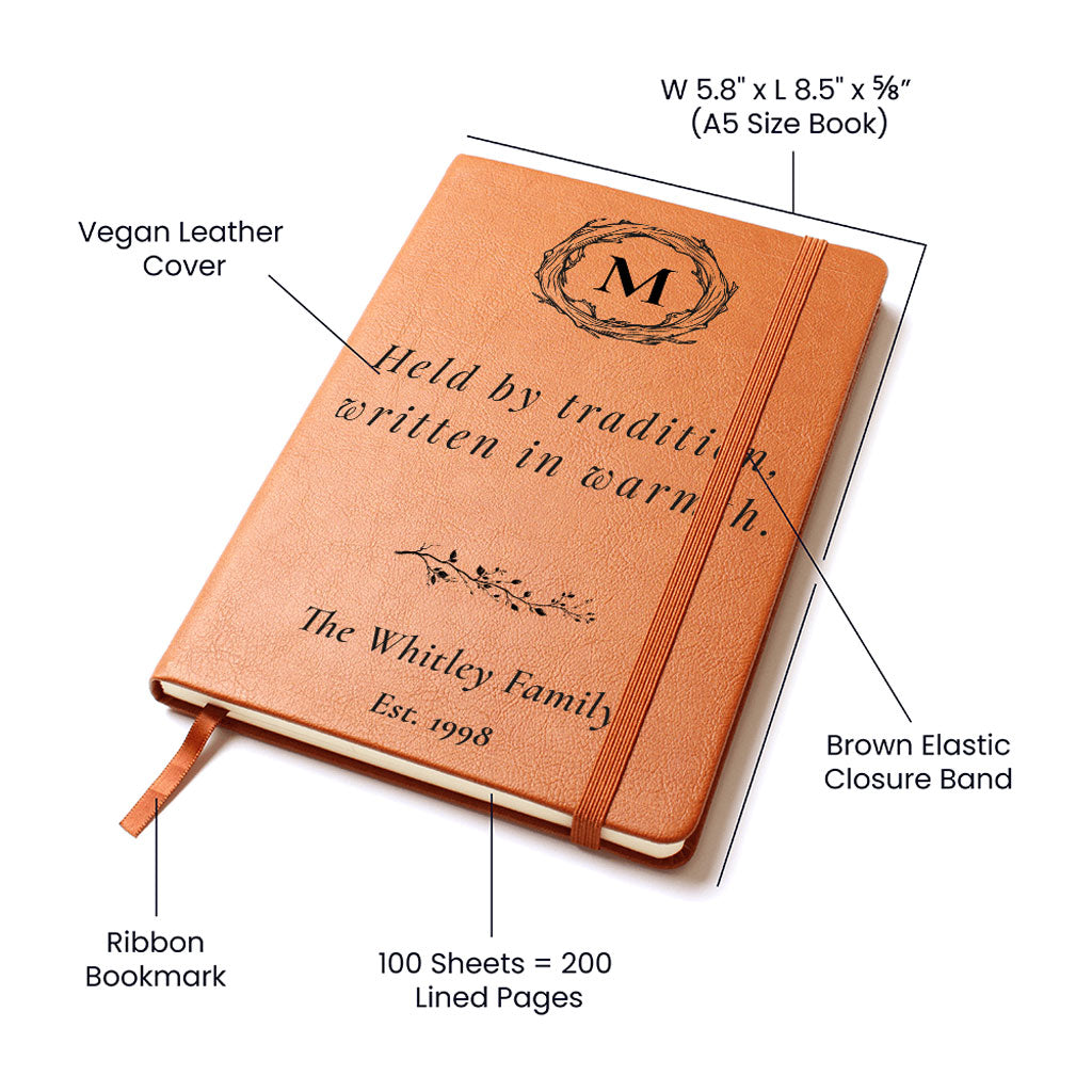 Brown notebook with text and design elements on a white background
