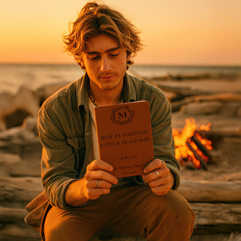 Man holding a book by a campfire on a beach at sunset