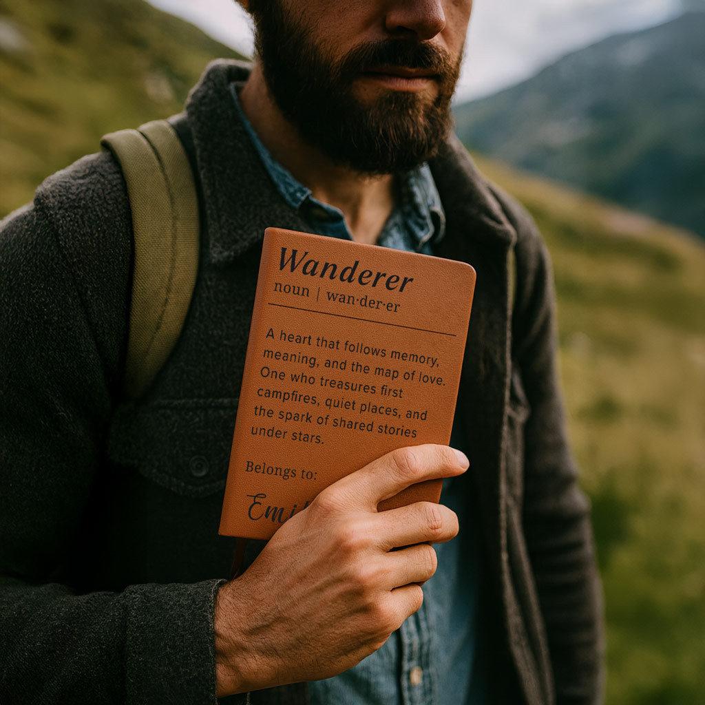 Man holding a book titled 'Wanderer' in a mountainous landscape