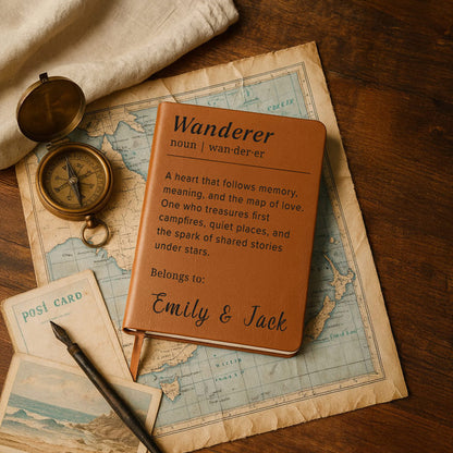 Brown leather notebook with 'Wanderer' definition and personalization on a vintage map with compass and postcard.