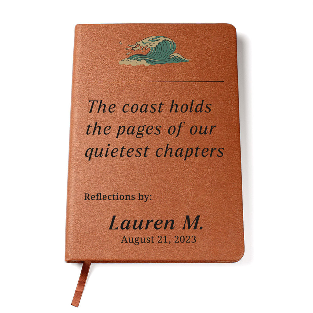Brown notebook with text and a wave design on a white background