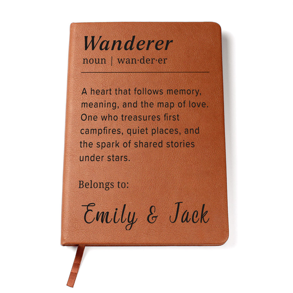 Brown leather notebook with text and 'Emily & Jack' on a white background
