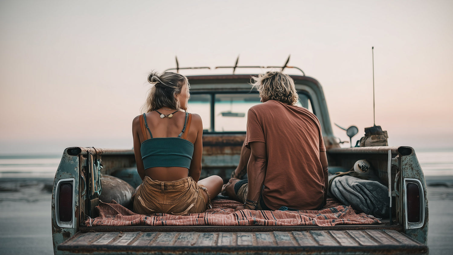 Two people sitting in the back of a pickup truck on a beach at sunset.